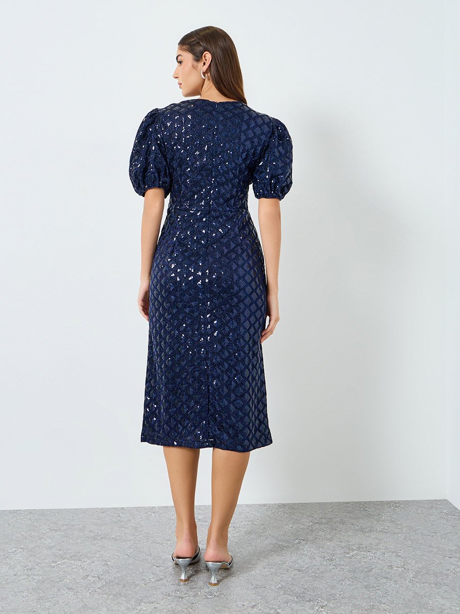 Women Navy Blue Sequin Short Sleeves Sheath Midi Dress For Women at Kuwait | Styli Women Navy Blue Sequin Short Sleeves Sheath Midi Dress For Women at Kuwait | Styli