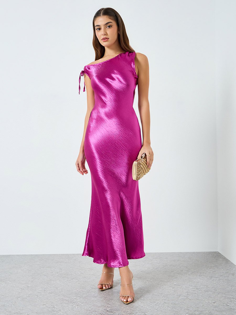 Women Purple Satin One Shoulder Bodycon Maxi Dress