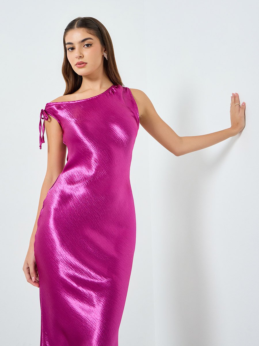 Women Purple Satin One Shoulder Bodycon Maxi Dress