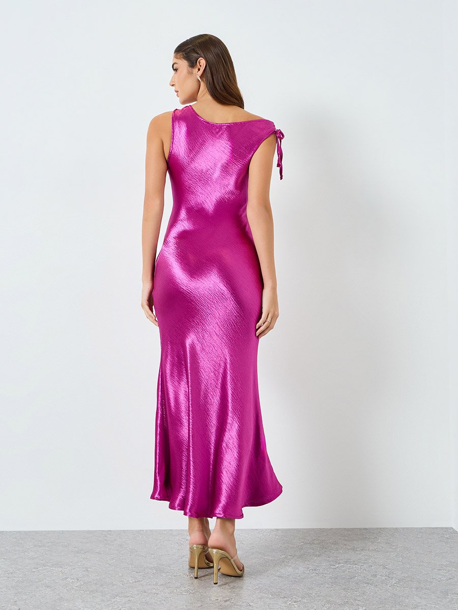 Women Purple Satin One Shoulder Bodycon Maxi Dress