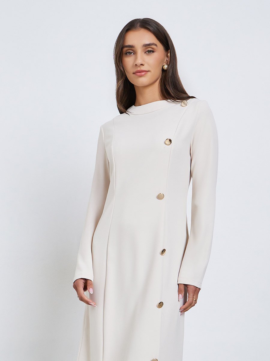 Off White Ruffled Hem Buttoned Midi Dress