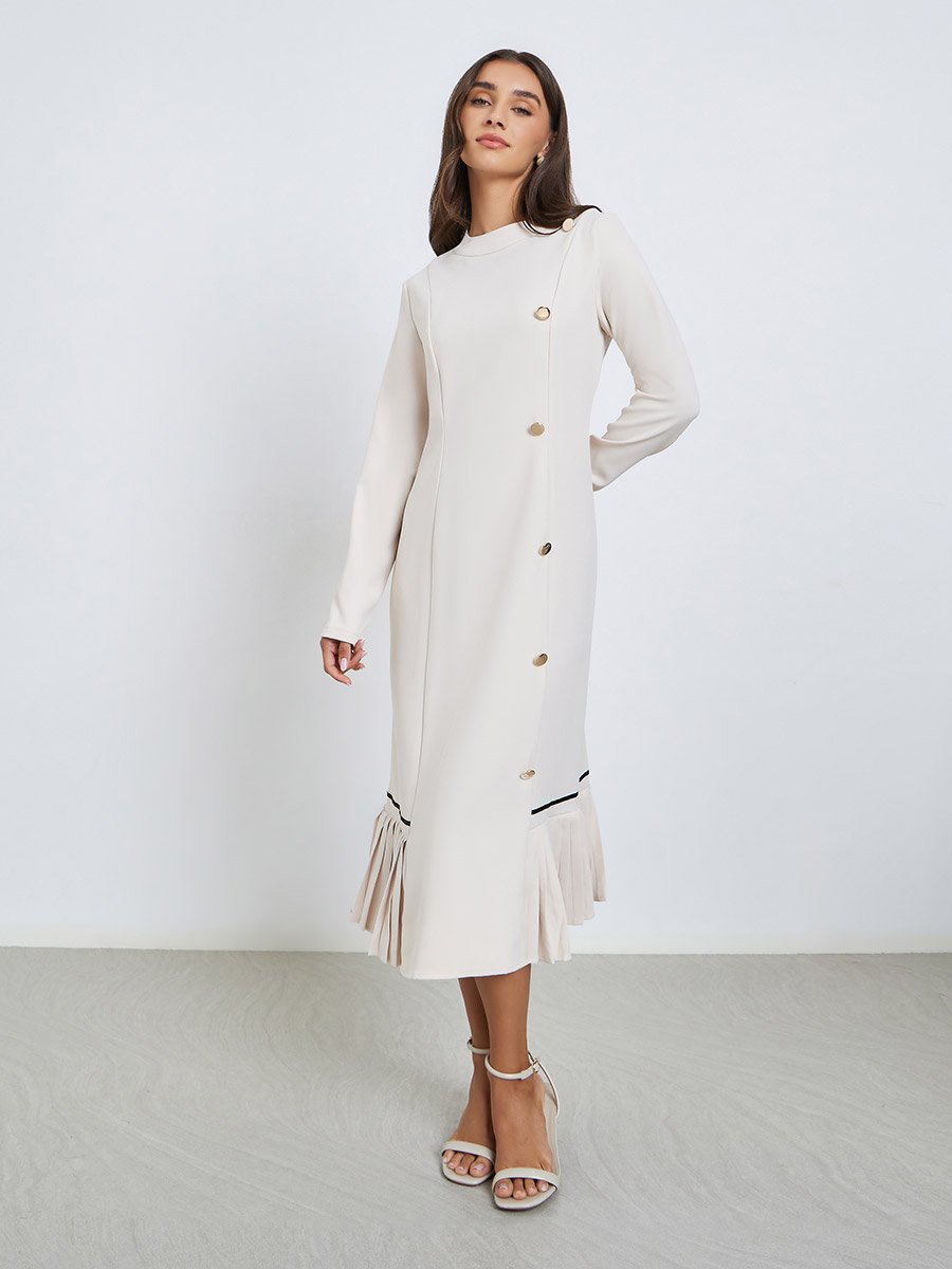 Off White Ruffled Hem Buttoned Midi Dress