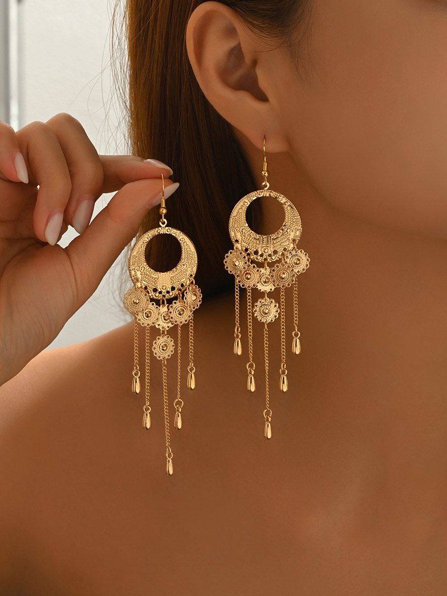 Women Metal Round Tassel Chain Earrings
