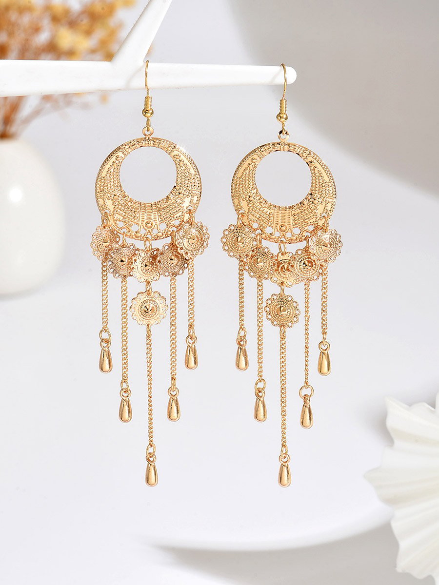 Women Metal Round Tassel Chain Earrings