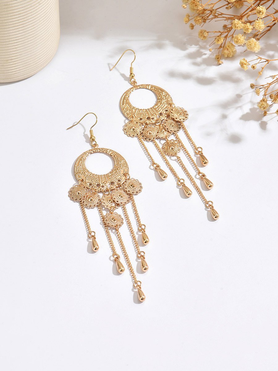 Women Metal Round Tassel Chain Earrings