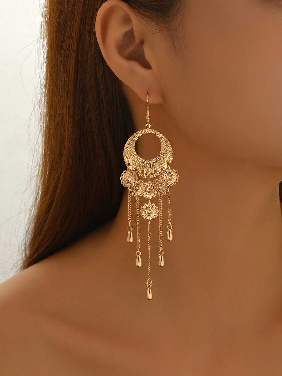 Women Metal Round Tassel Chain Earrings
