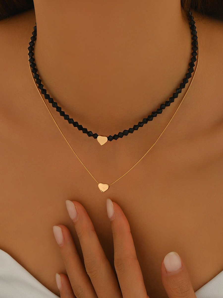 Golden Heart and Black Bead Layered Necklace