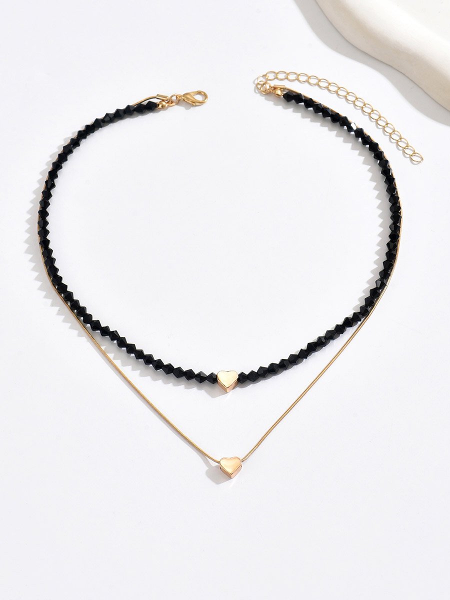 Golden Heart and Black Bead Layered Necklace