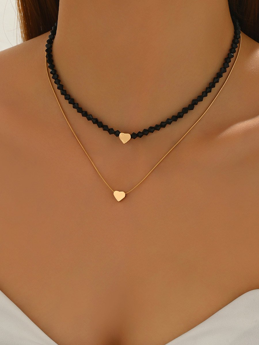 Golden Heart and Black Bead Layered Necklace