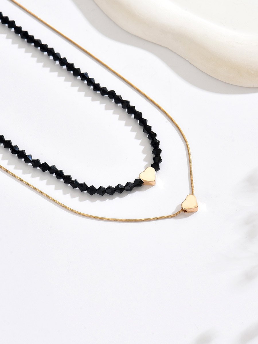 Golden Heart and Black Bead Layered Necklace