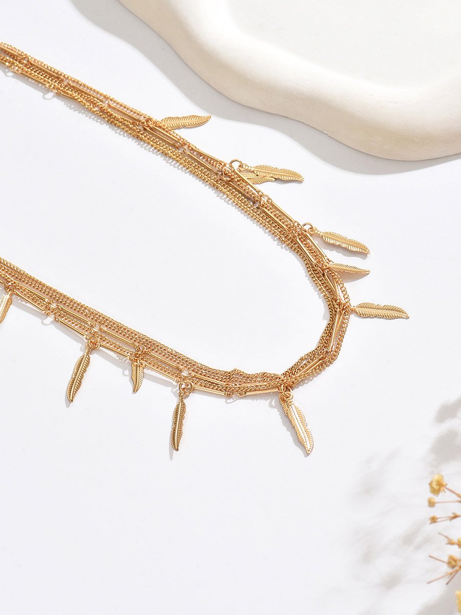 Gold Multi-Layer Leaf Pendant Necklace