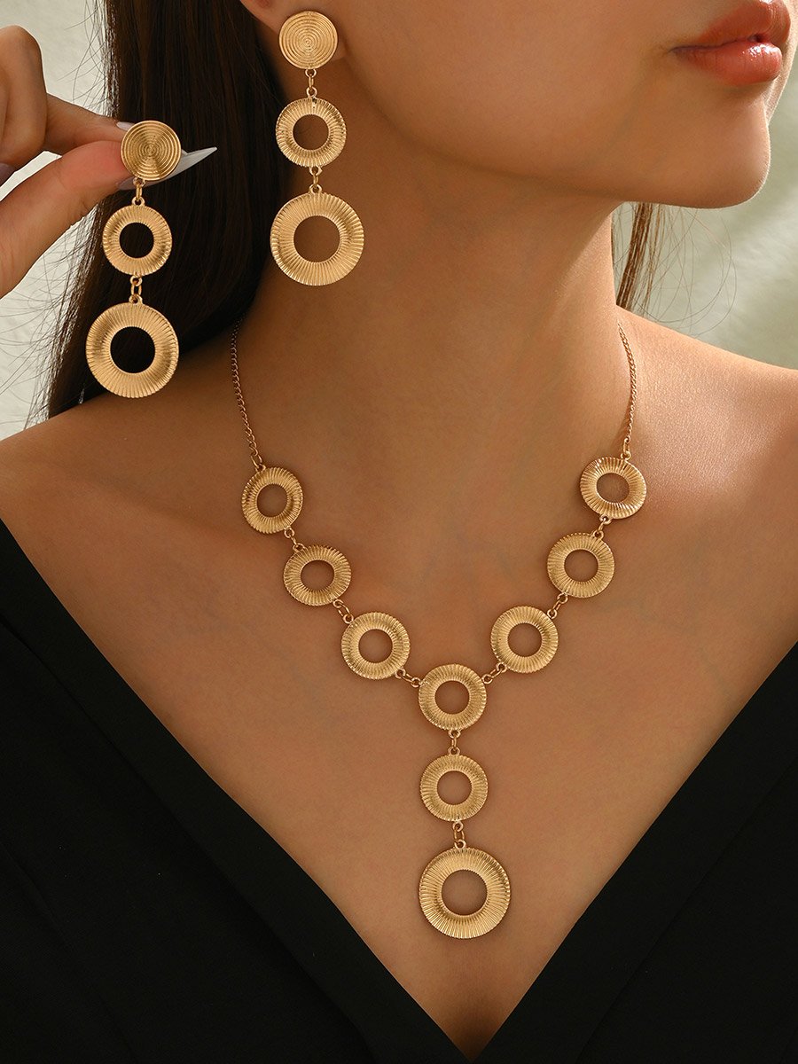 Gold Circle Pendant Necklace and Earrings Set