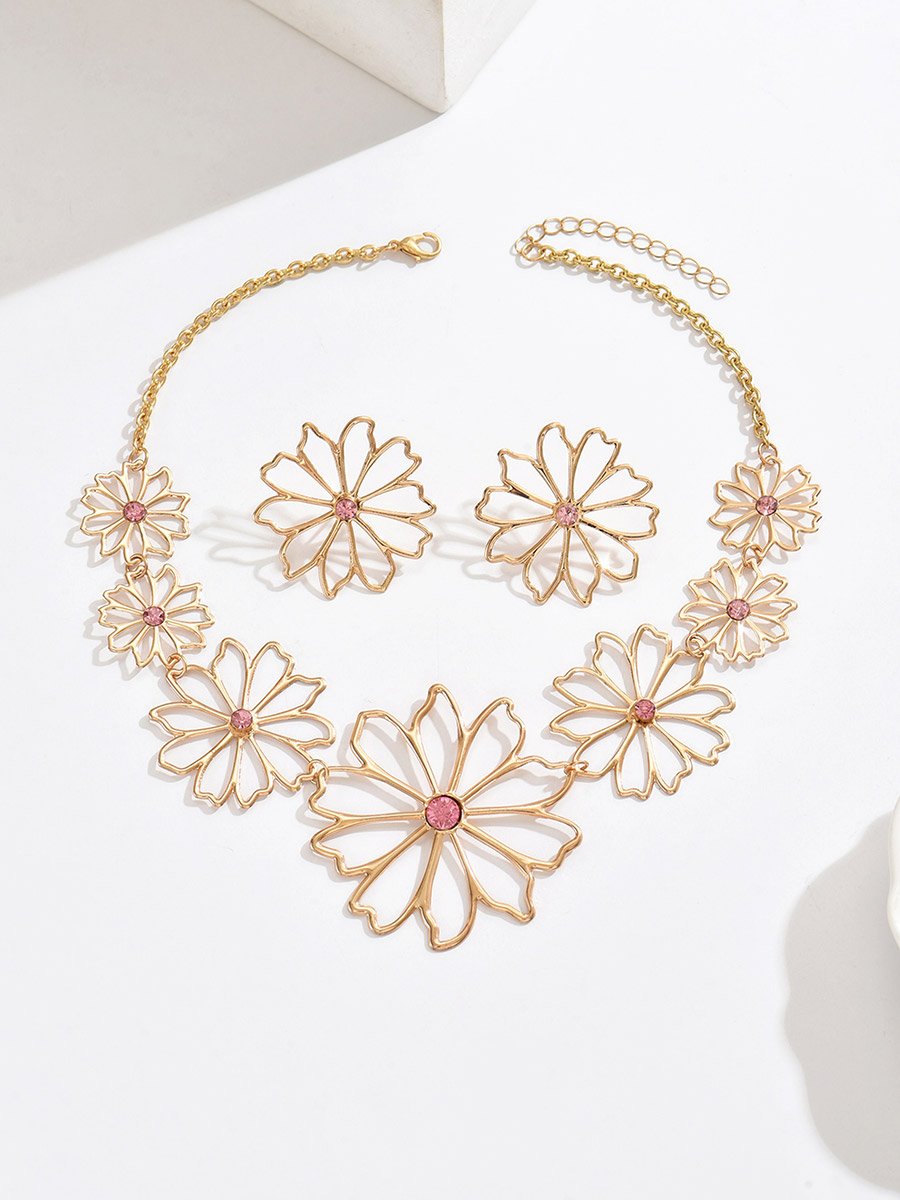 Gold Flower Necklace and Earrings Set