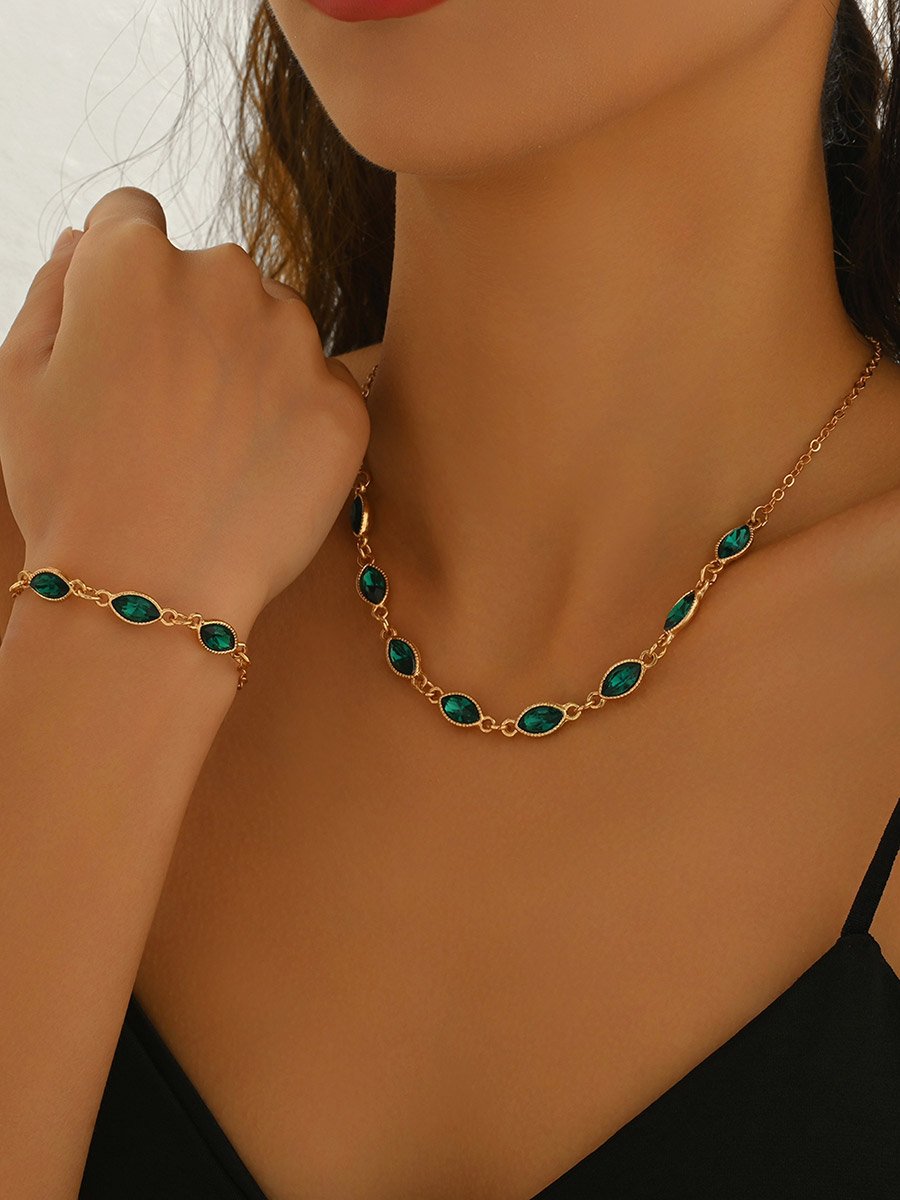 Green Rhinestone Necklace and Bracelet Set