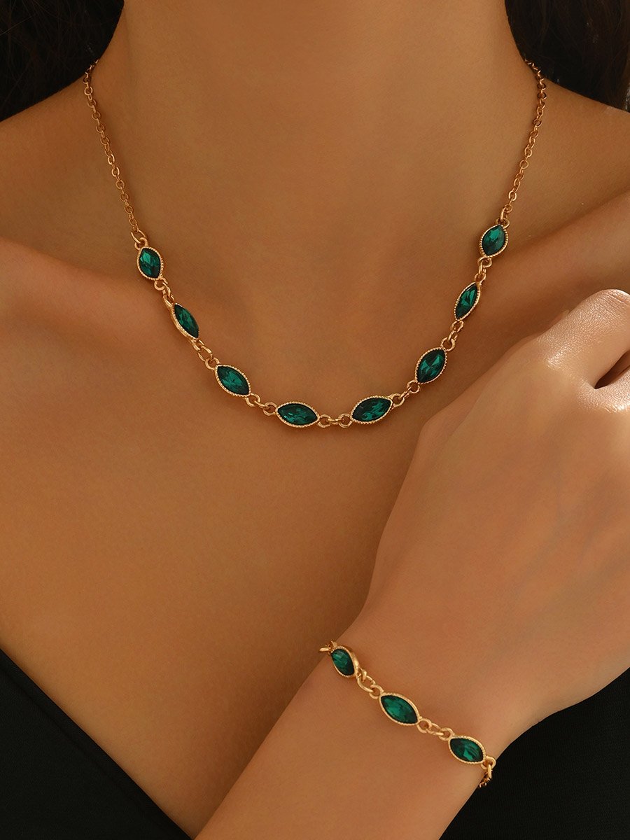 Green Rhinestone Necklace and Bracelet Set
