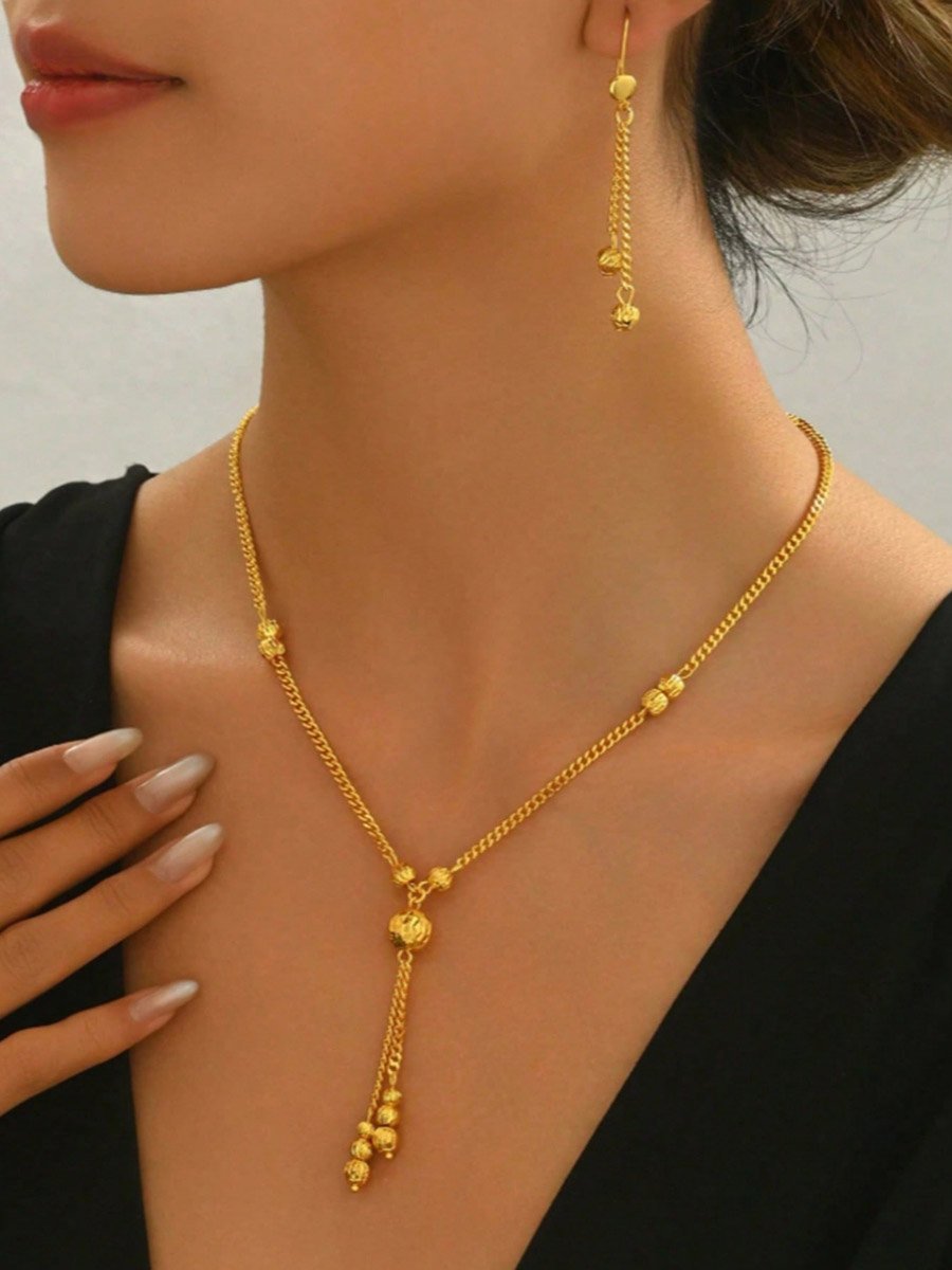 Metal Tassel Chain Necklace and Earrings Jewelry Set