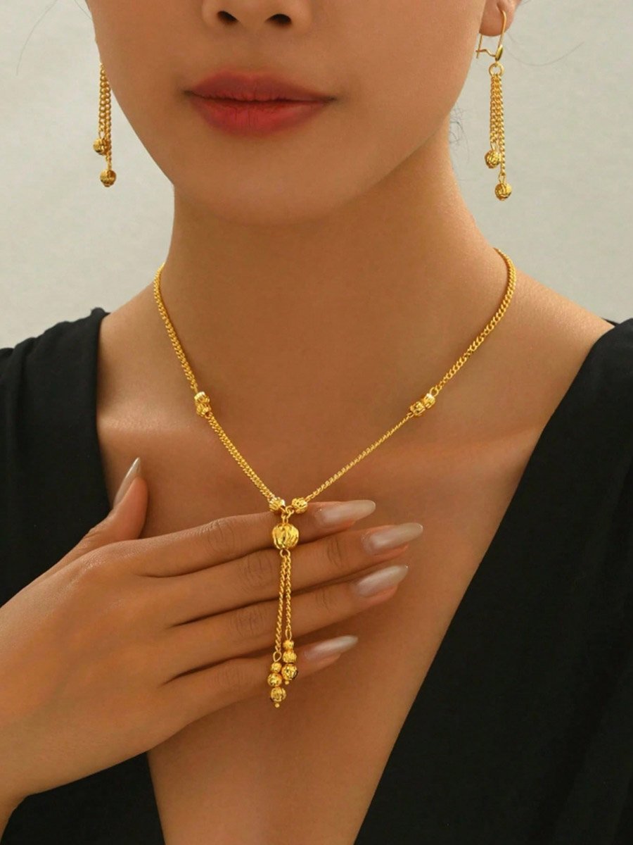 Metal Tassel Chain Necklace and Earrings Jewelry Set