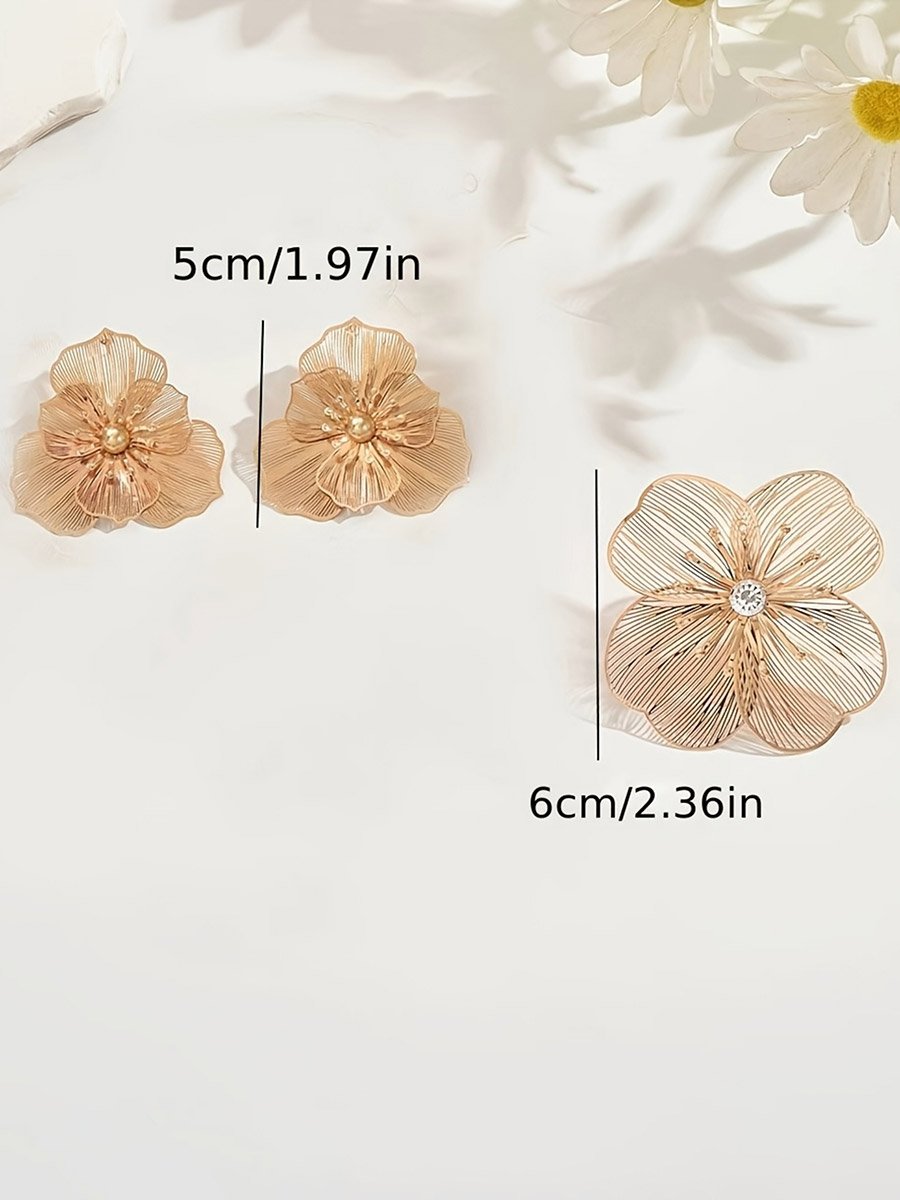 Women Metal Floral Design Ring and Earrings Set