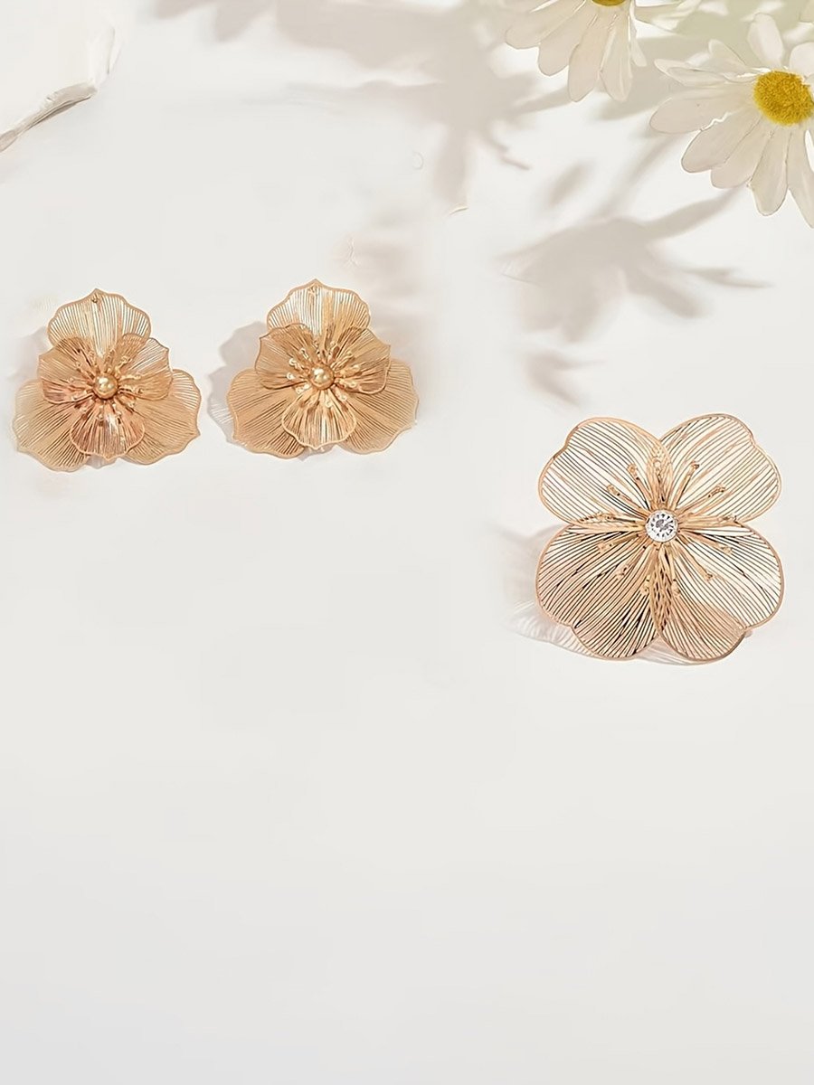Women Metal Floral Design Ring and Earrings Set