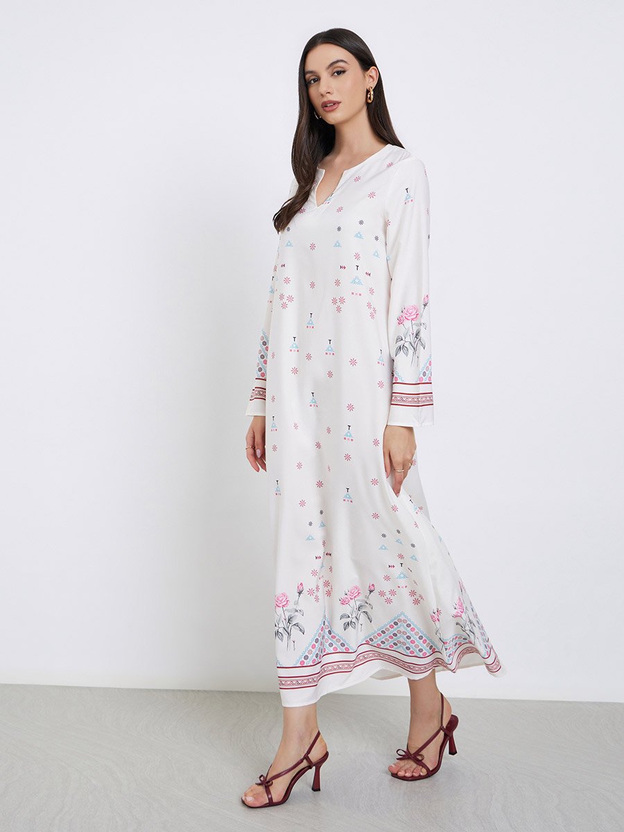 White All Over Print Long Sleeves Jalabiya