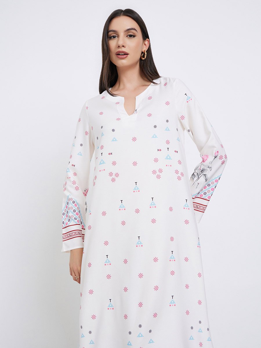 White All Over Print Long Sleeves Jalabiya