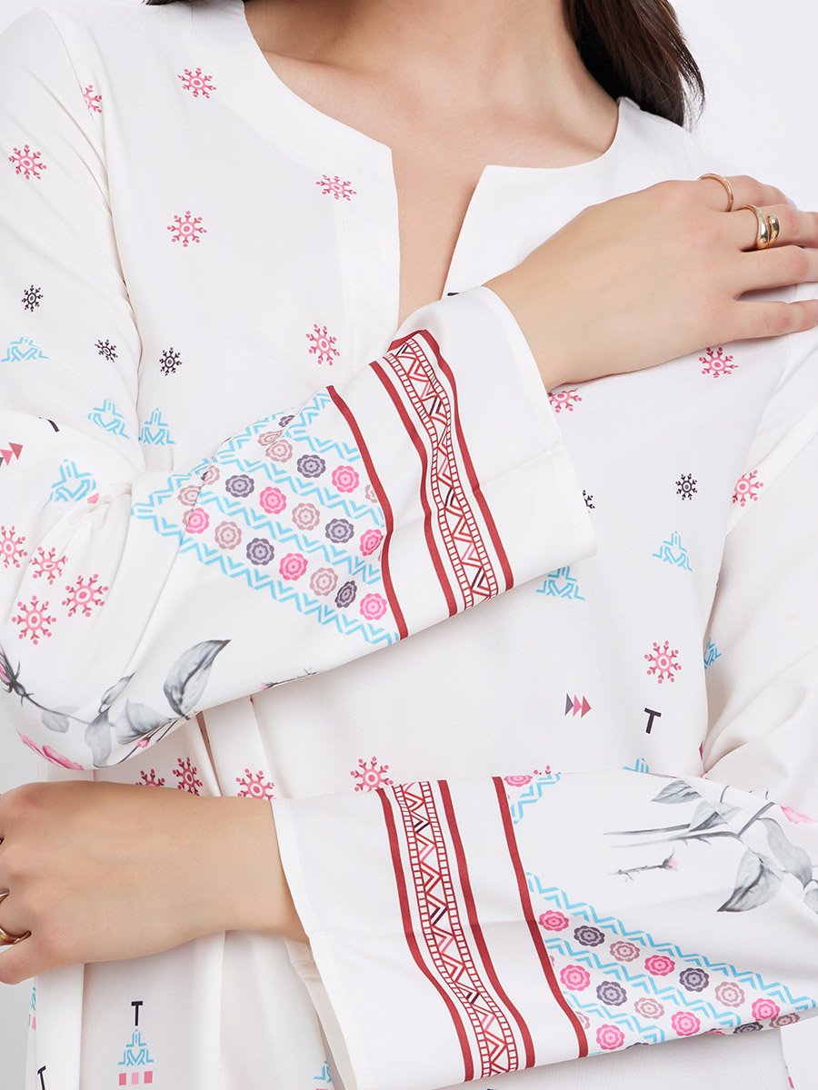 White All Over Print Long Sleeves Jalabiya