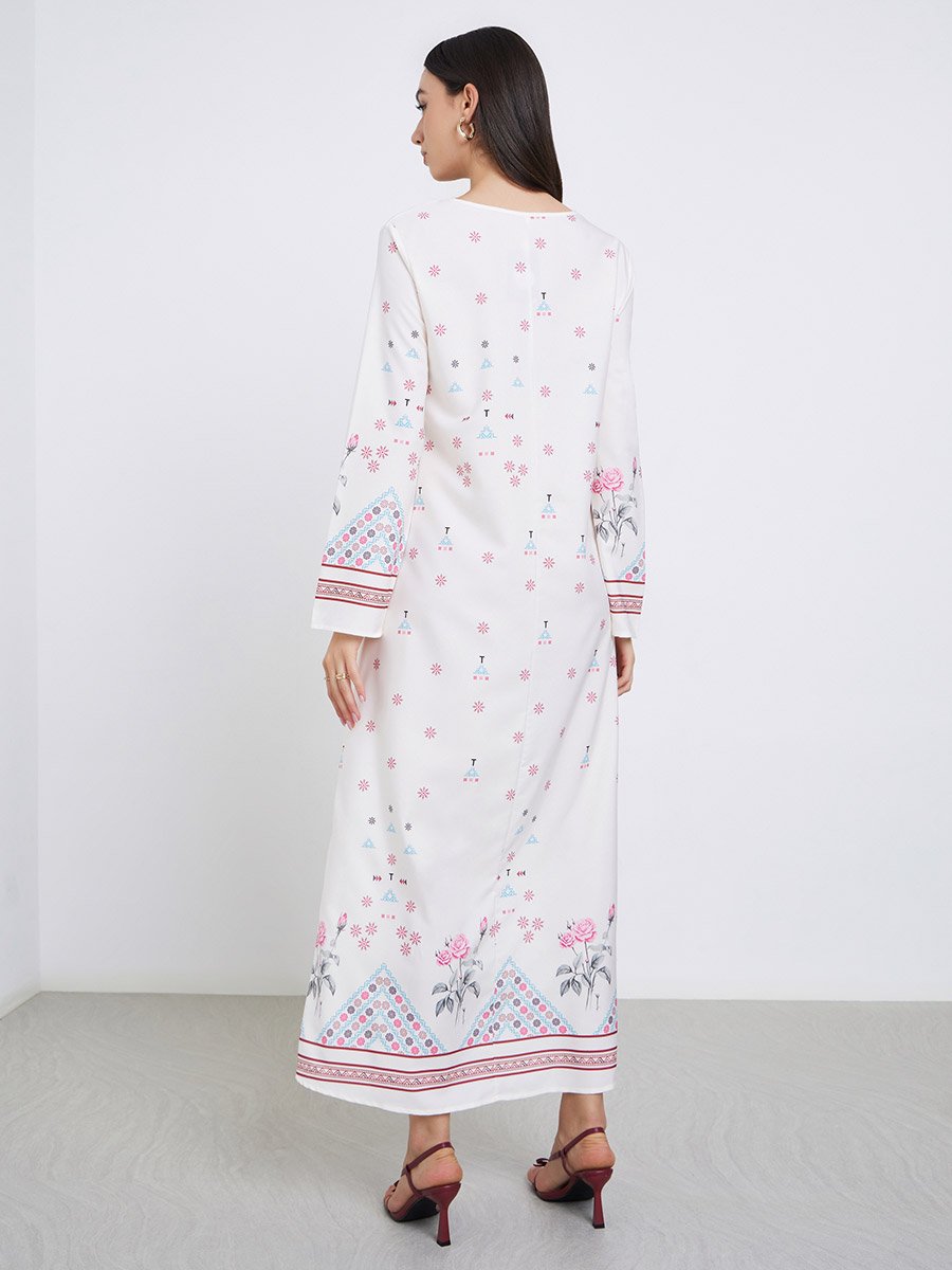 White All Over Print Long Sleeves Jalabiya