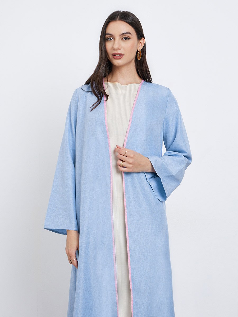 Blue Contrast Trim Front Open Abaya