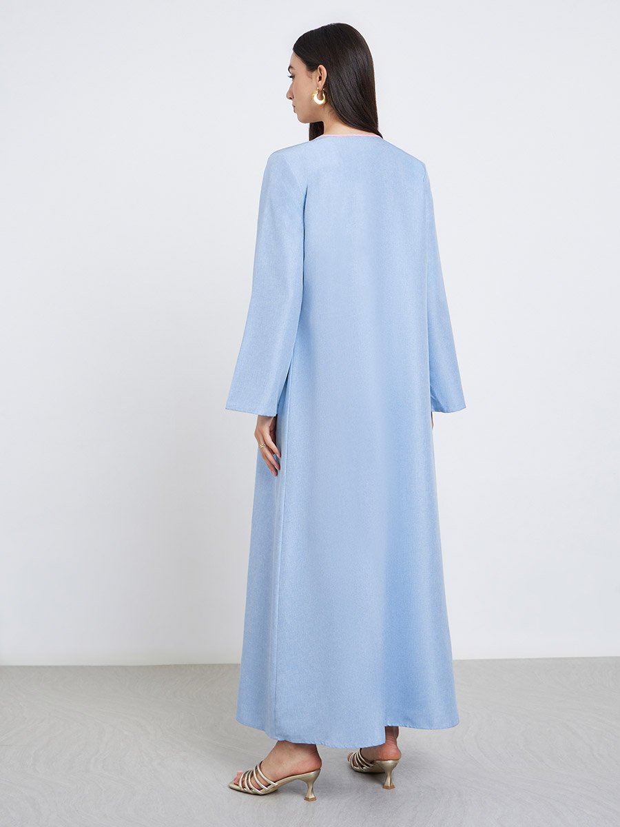 Blue Contrast Trim Front Open Abaya