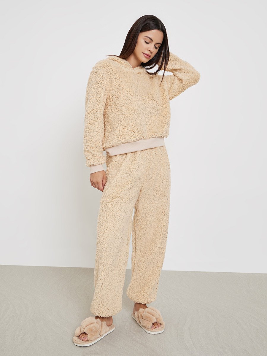 Beige Fleece Hoodie and Long Pyjama Set