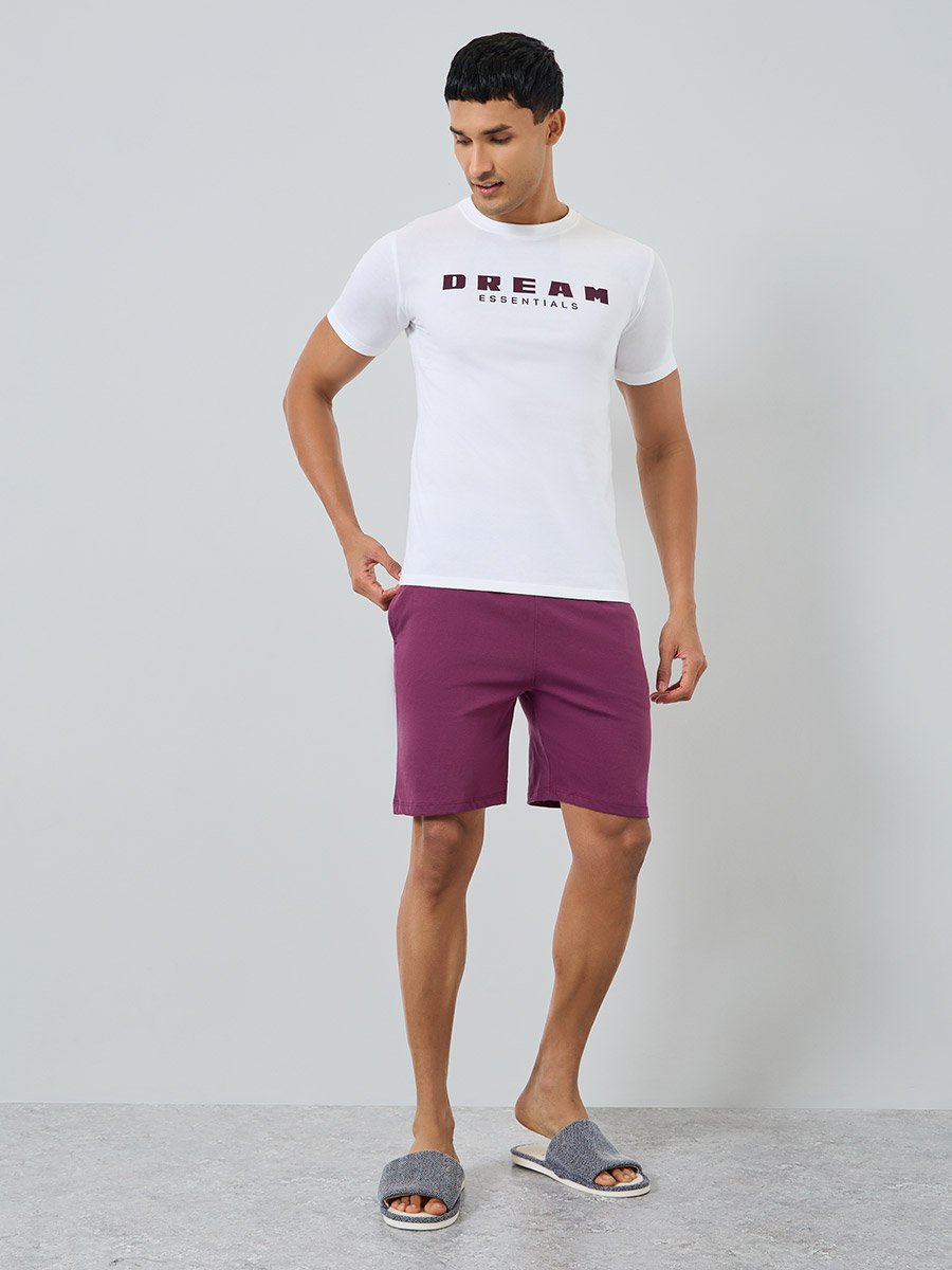 Men White Slogan Print T-Shirt and Shorts Pyjama Set
