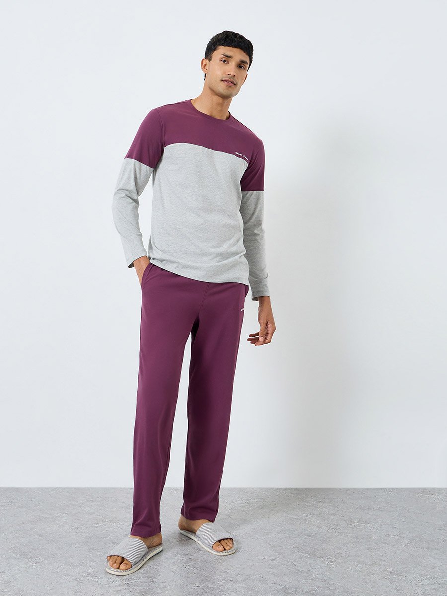 Men Color Block Long Sleeve T-Shirt and Pyjama Set