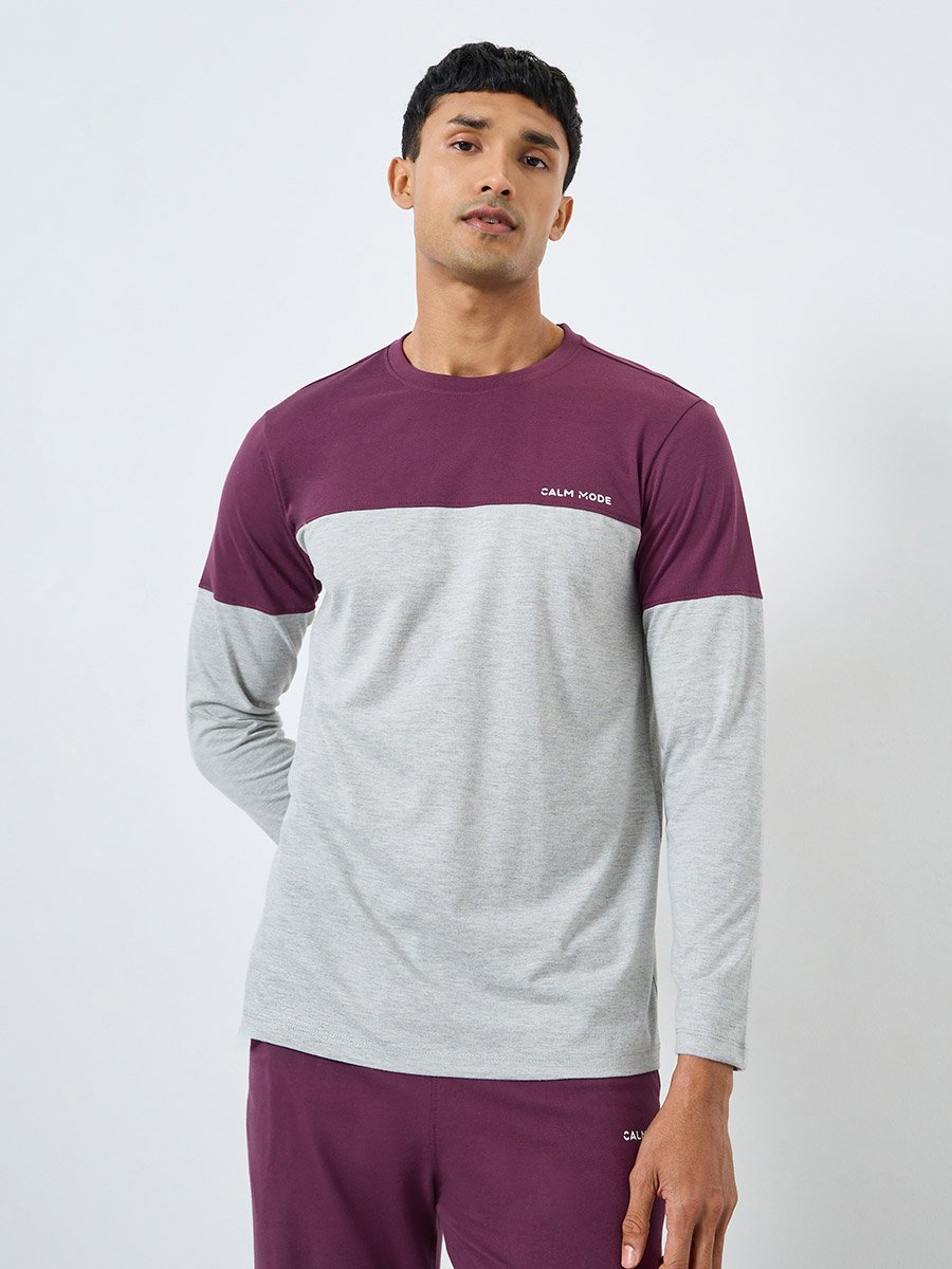 Men Color Block Long Sleeve T-Shirt and Pyjama Set