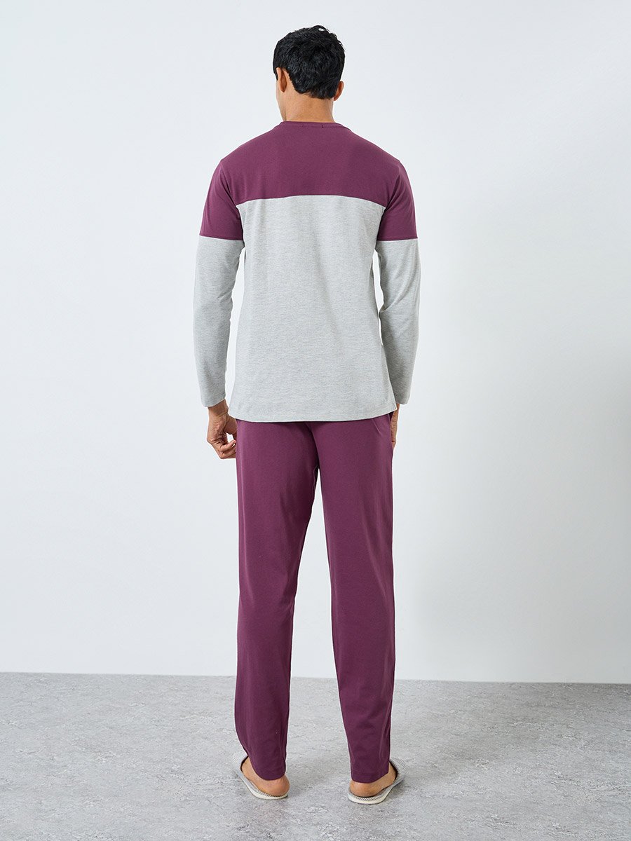 Men Color Block Long Sleeve T-Shirt and Pyjama Set