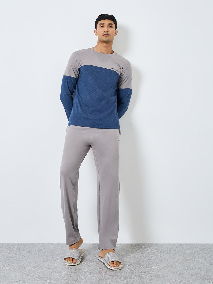 Men Color Block Long Sleeve T-Shirt and Pyjama Set