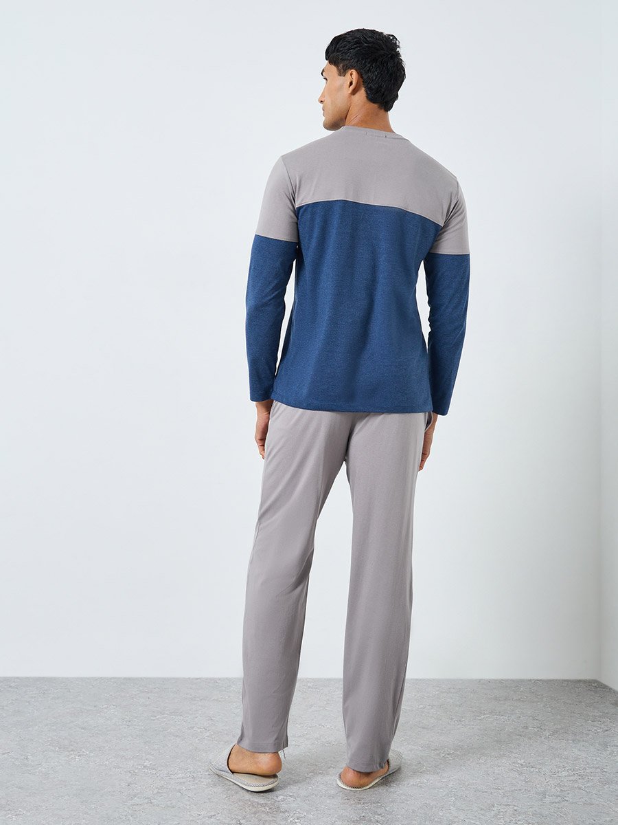 Men Color Block Long Sleeve T-Shirt and Pyjama Set