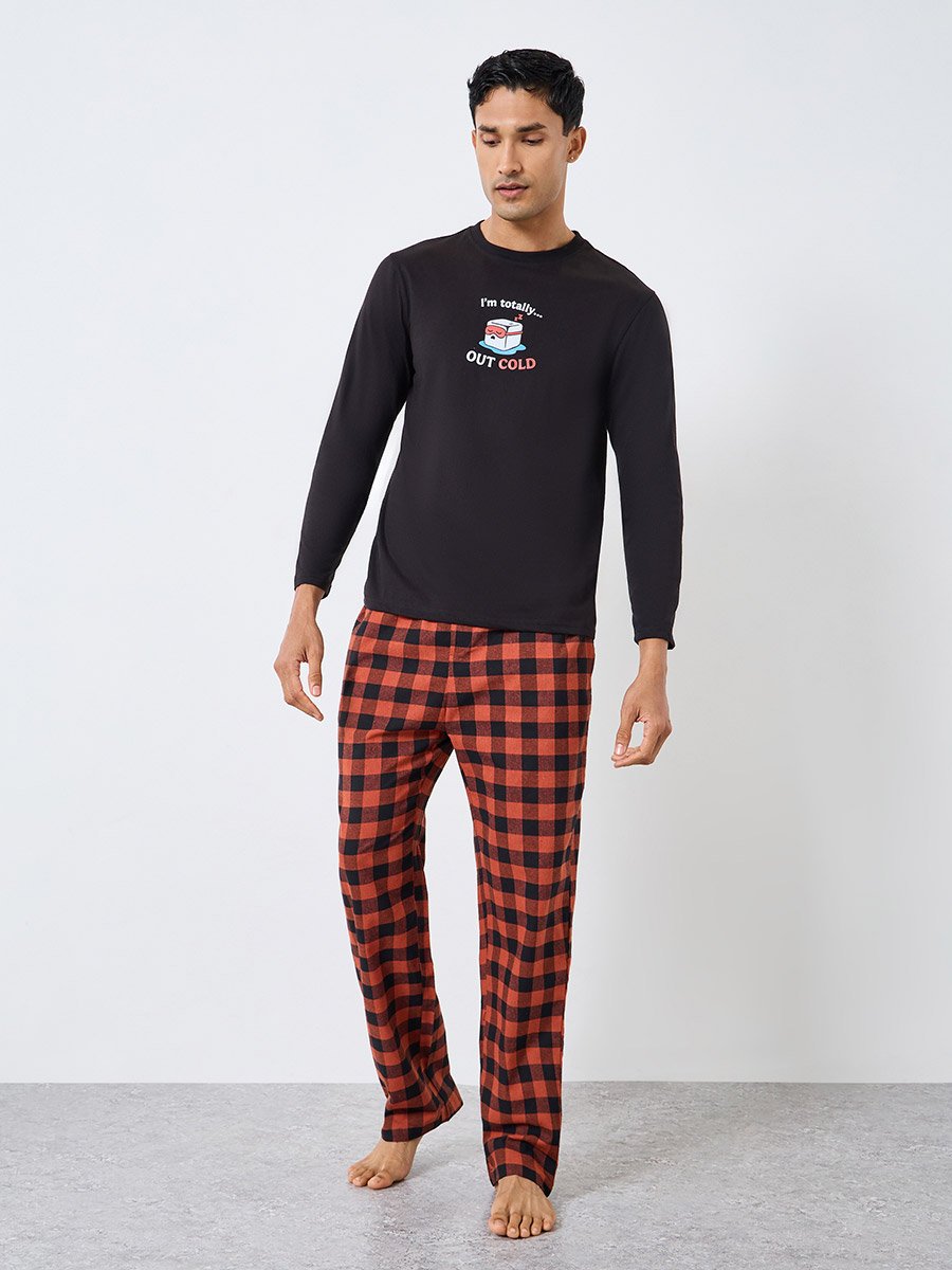 Men Black Printed T-Shirt and Checked Pyjama Set