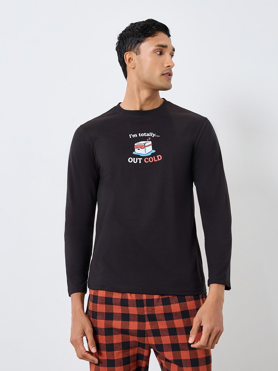 Men Black Printed T-Shirt and Checked Pyjama Set