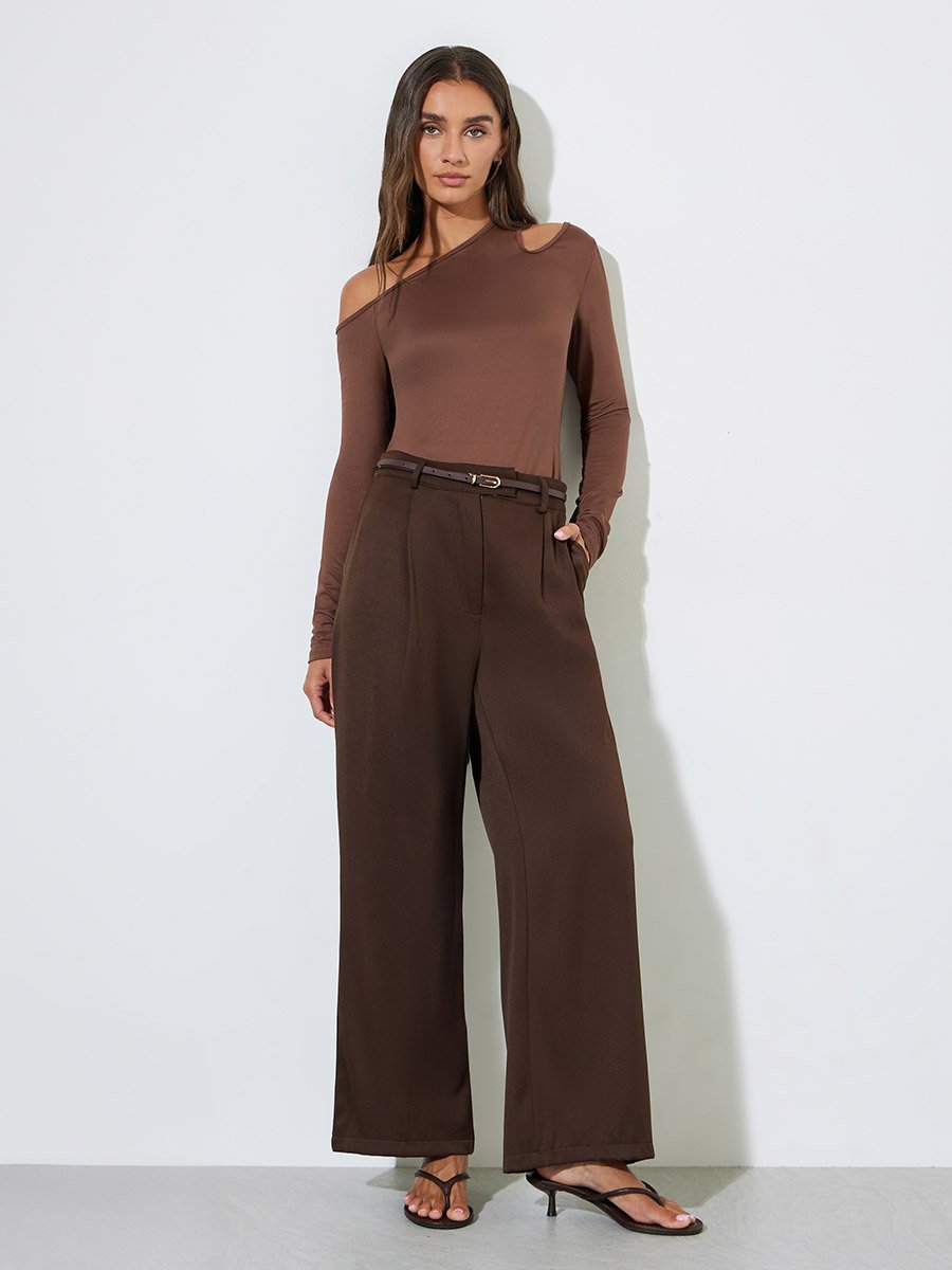 Brown Cut Out Detail Long Sleeve T-Shirt