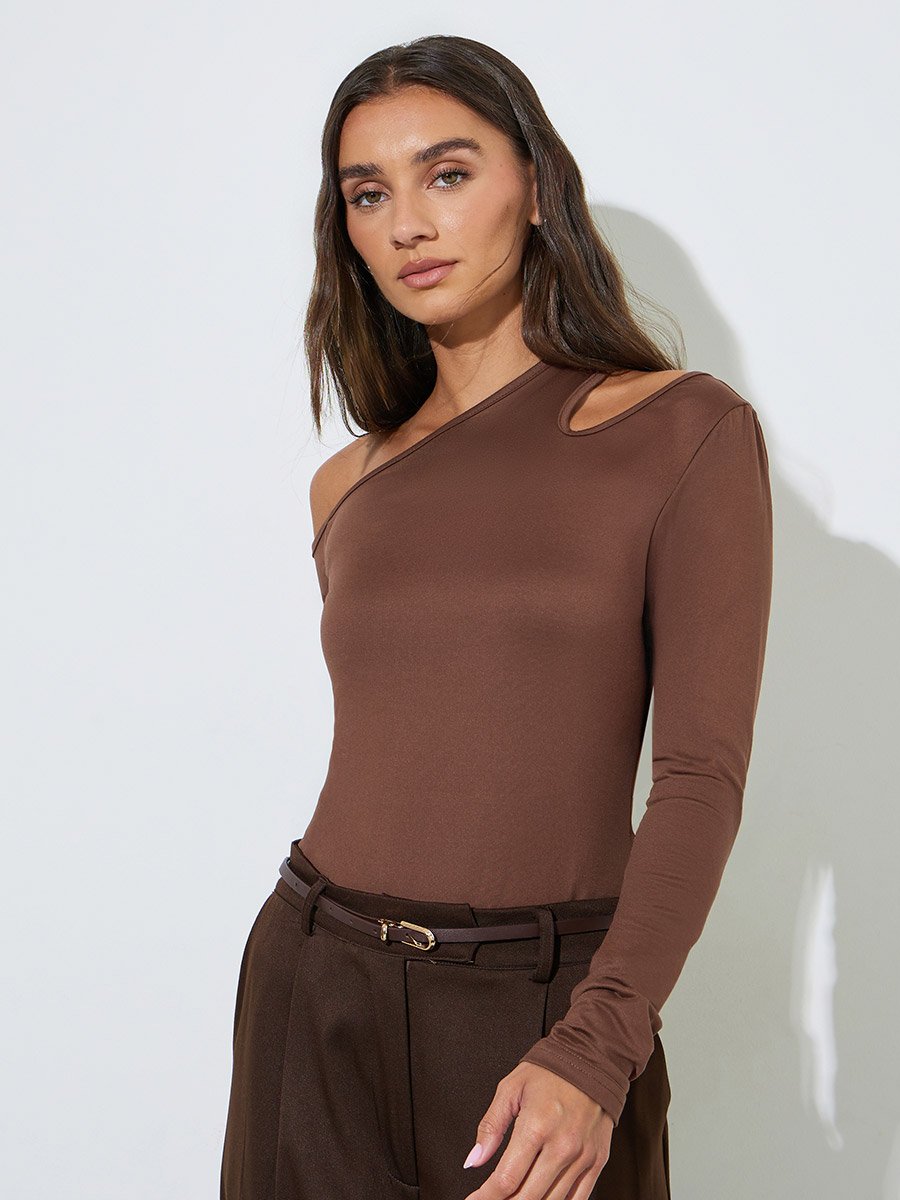 Brown Cut Out Detail Long Sleeve T-Shirt