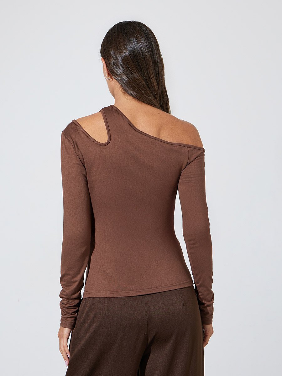 Brown Cut Out Detail Long Sleeve T-Shirt