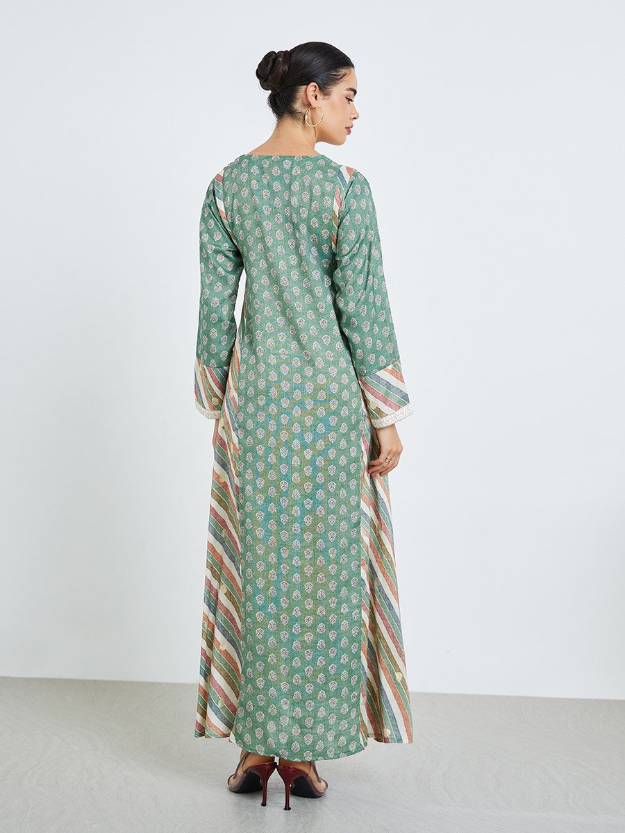 Women Green Embroidered Maxi Jalabiya