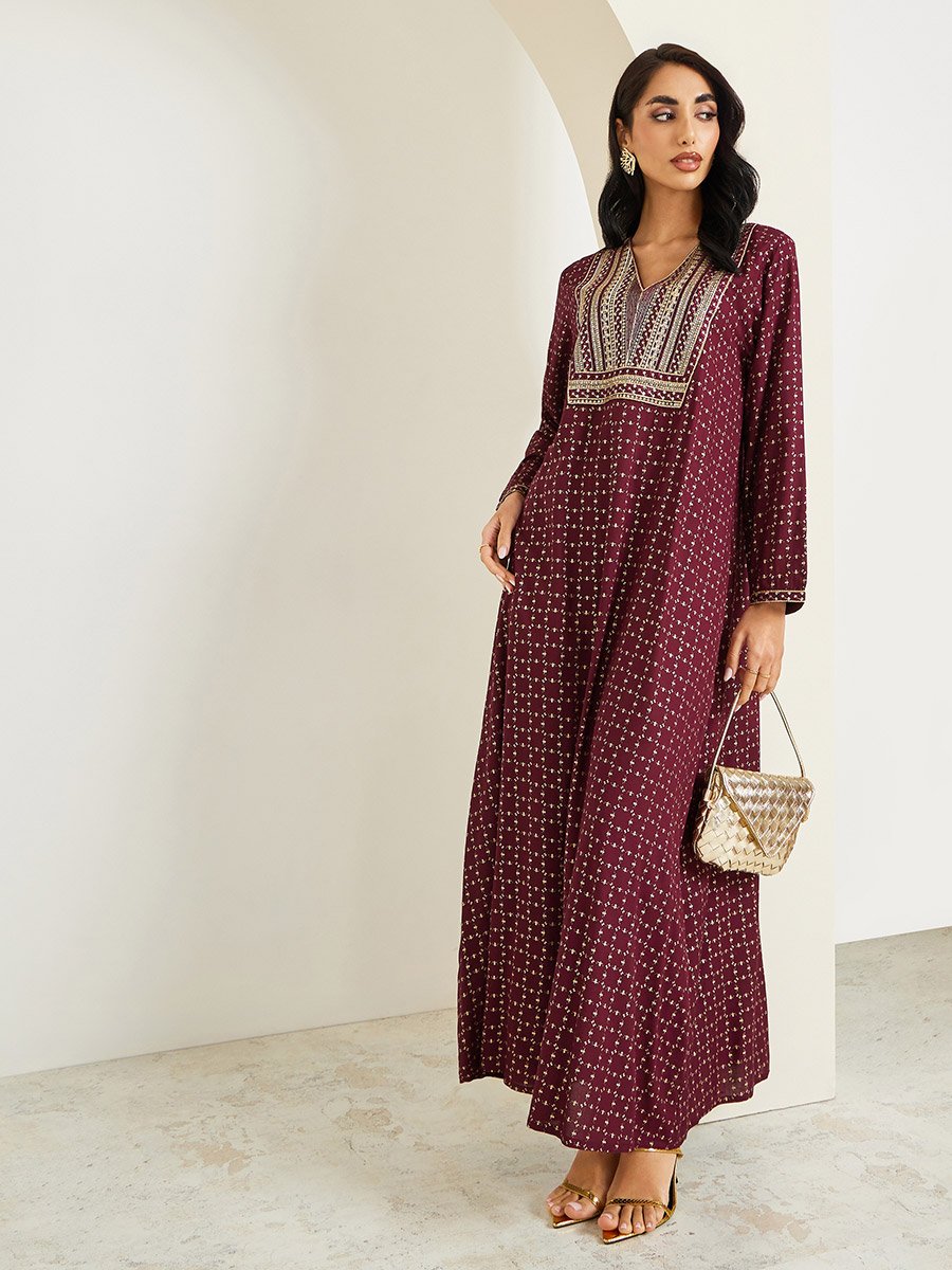 Women Maroon Embroidered Jalabiya