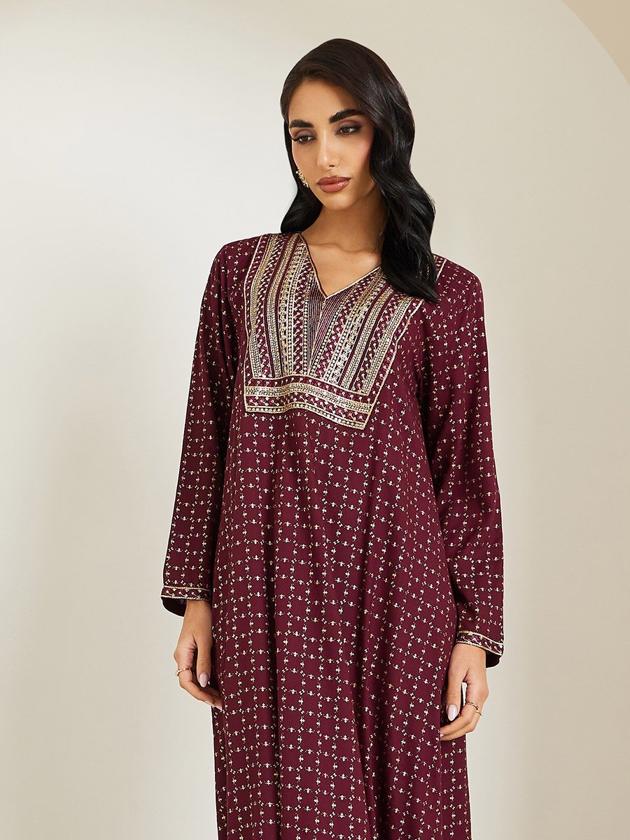Women Maroon Embroidered Jalabiya