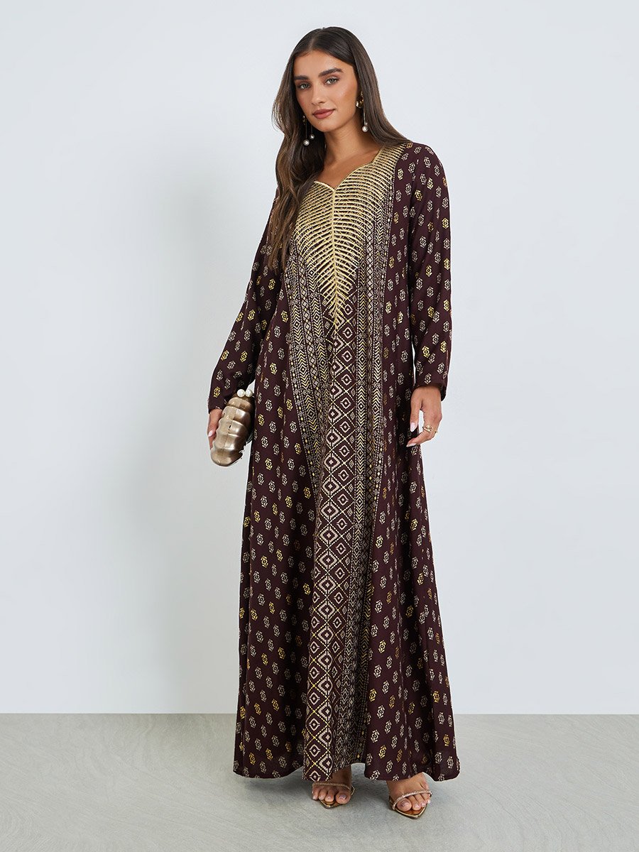 Maroon Foil Print Sweetheart Neck Jalabiya