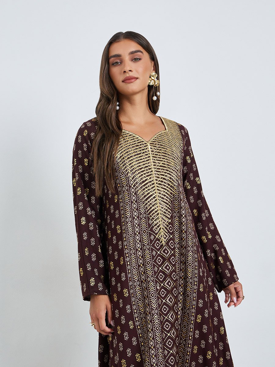 Maroon Foil Print Sweetheart Neck Jalabiya