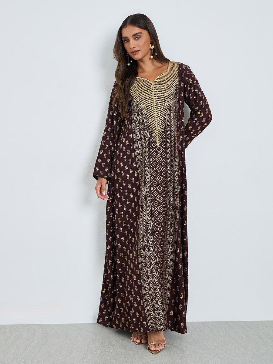 Maroon Foil Print Sweetheart Neck Jalabiya