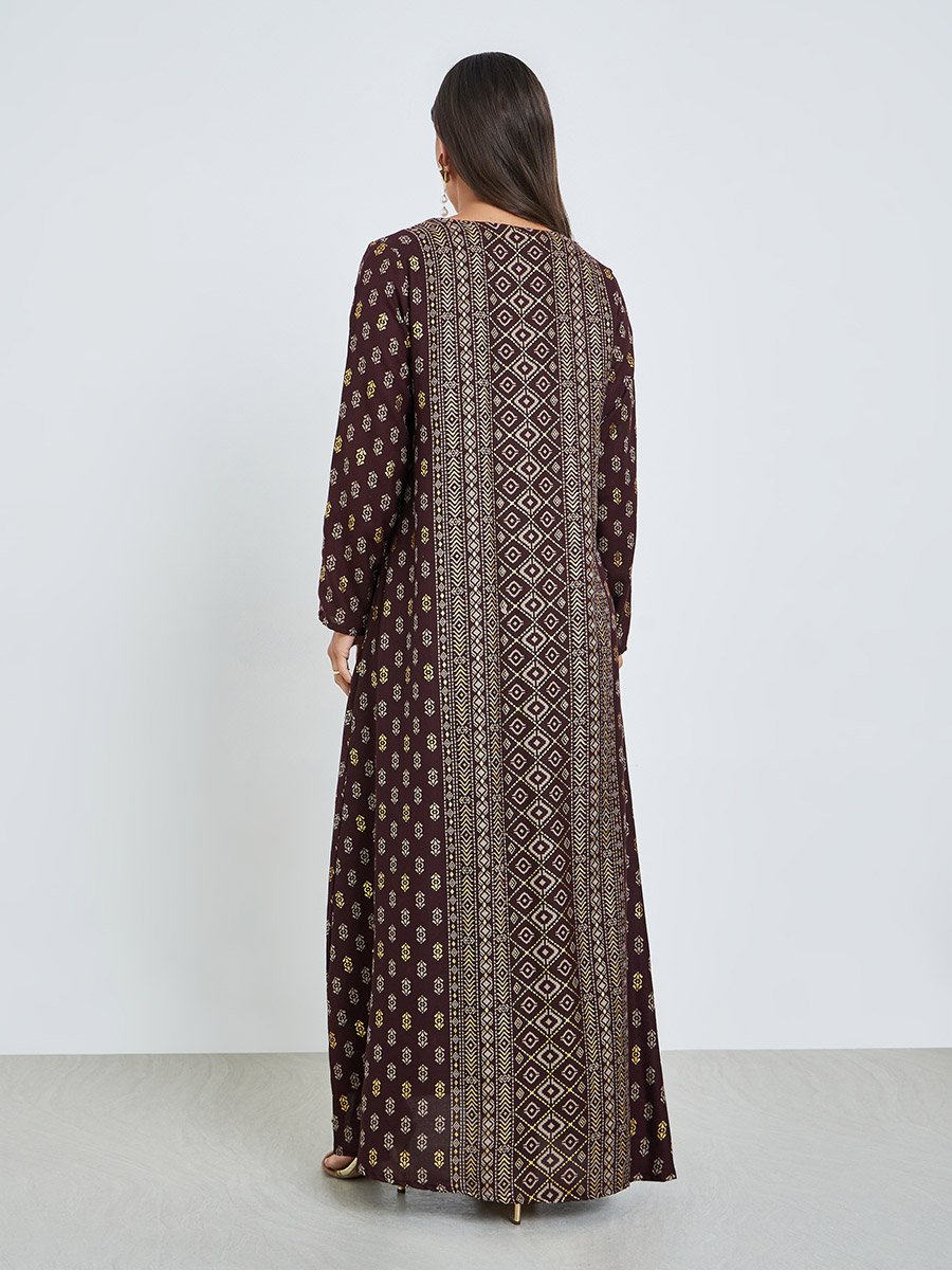 Maroon Foil Print Sweetheart Neck Jalabiya