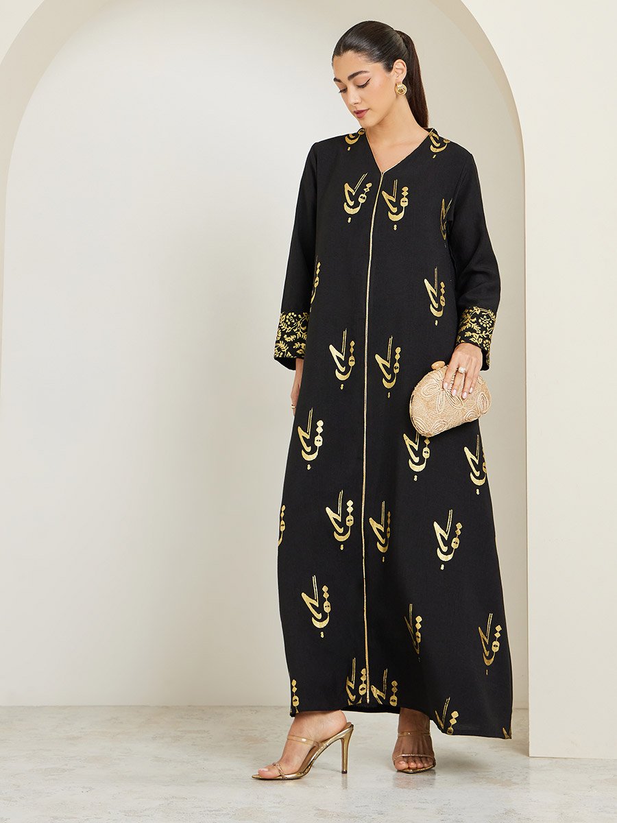 Black Maxi Jalabiya with Foil Print