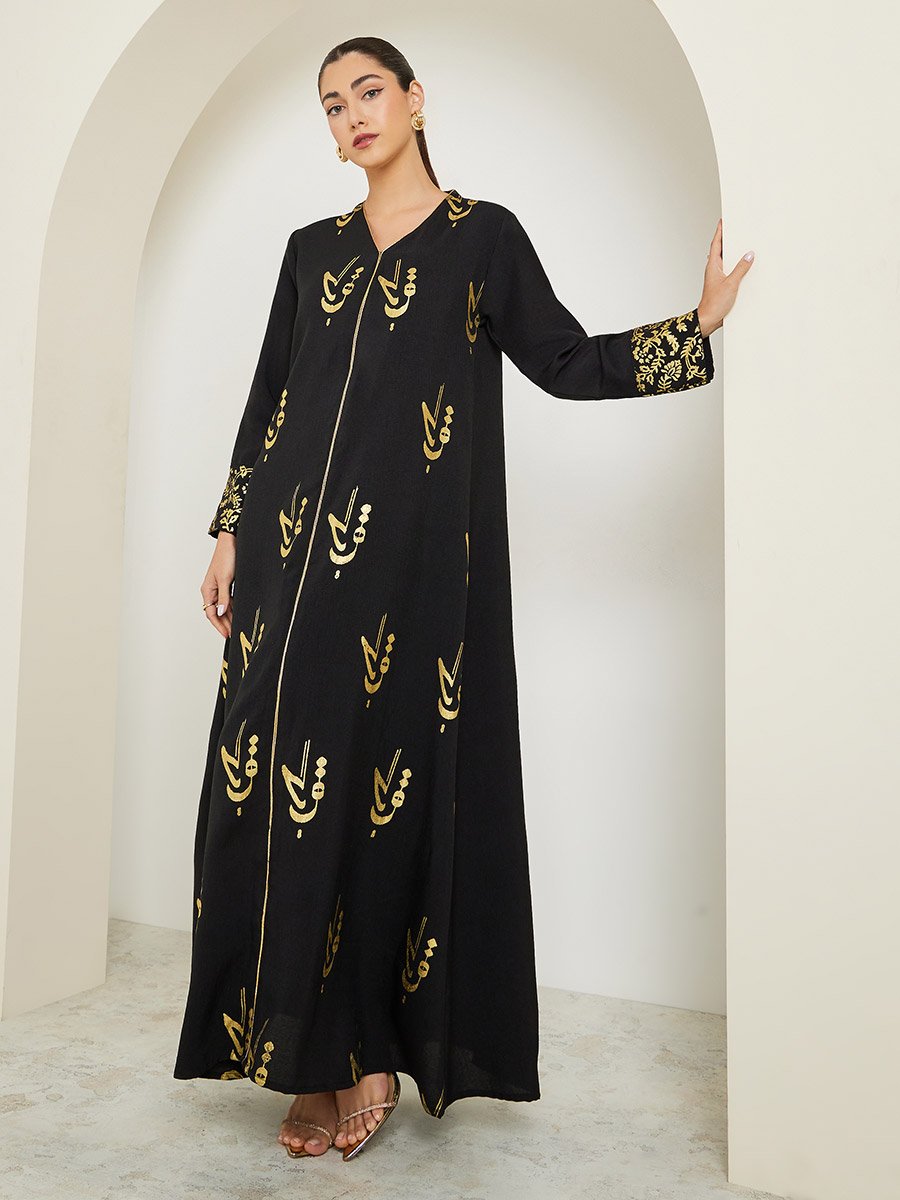 Black Maxi Jalabiya with Foil Print